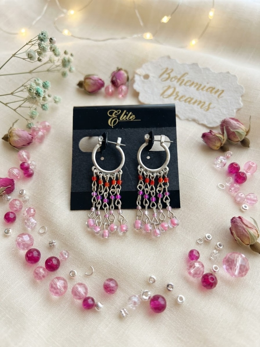 Silver Hoop Earrings with Pink and Multicolor Bead Fringe Buy it now!